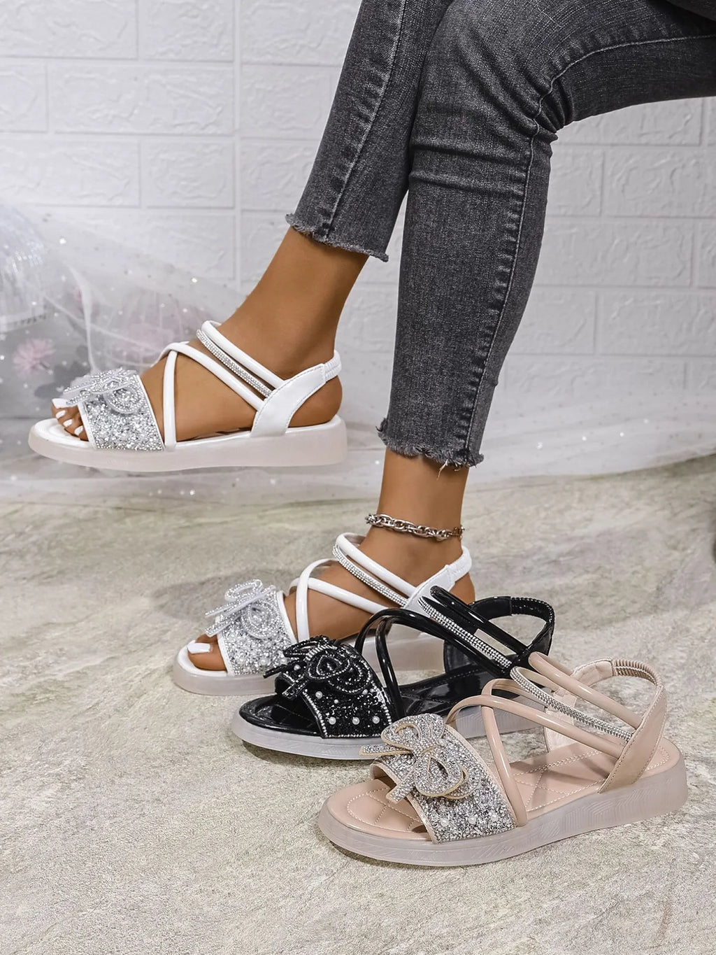 Bow Rhinestone Embellished Sandals