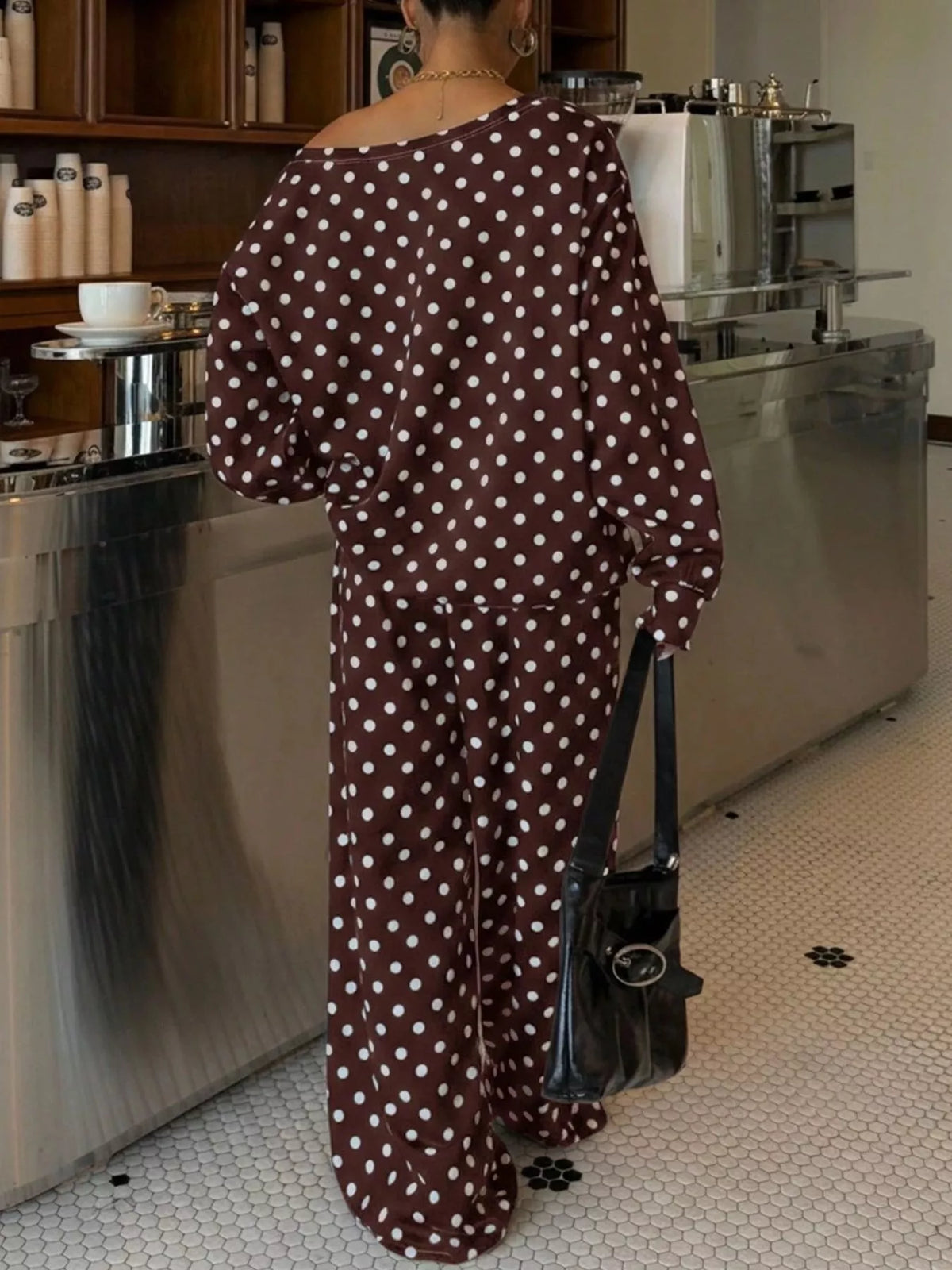 Polka Dot Boat Neck Top and Pants Set