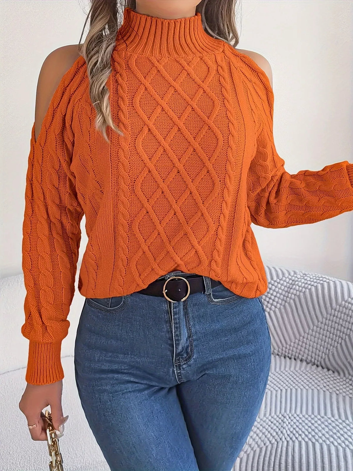 Cold-Shoulder Cable Knit Sweater