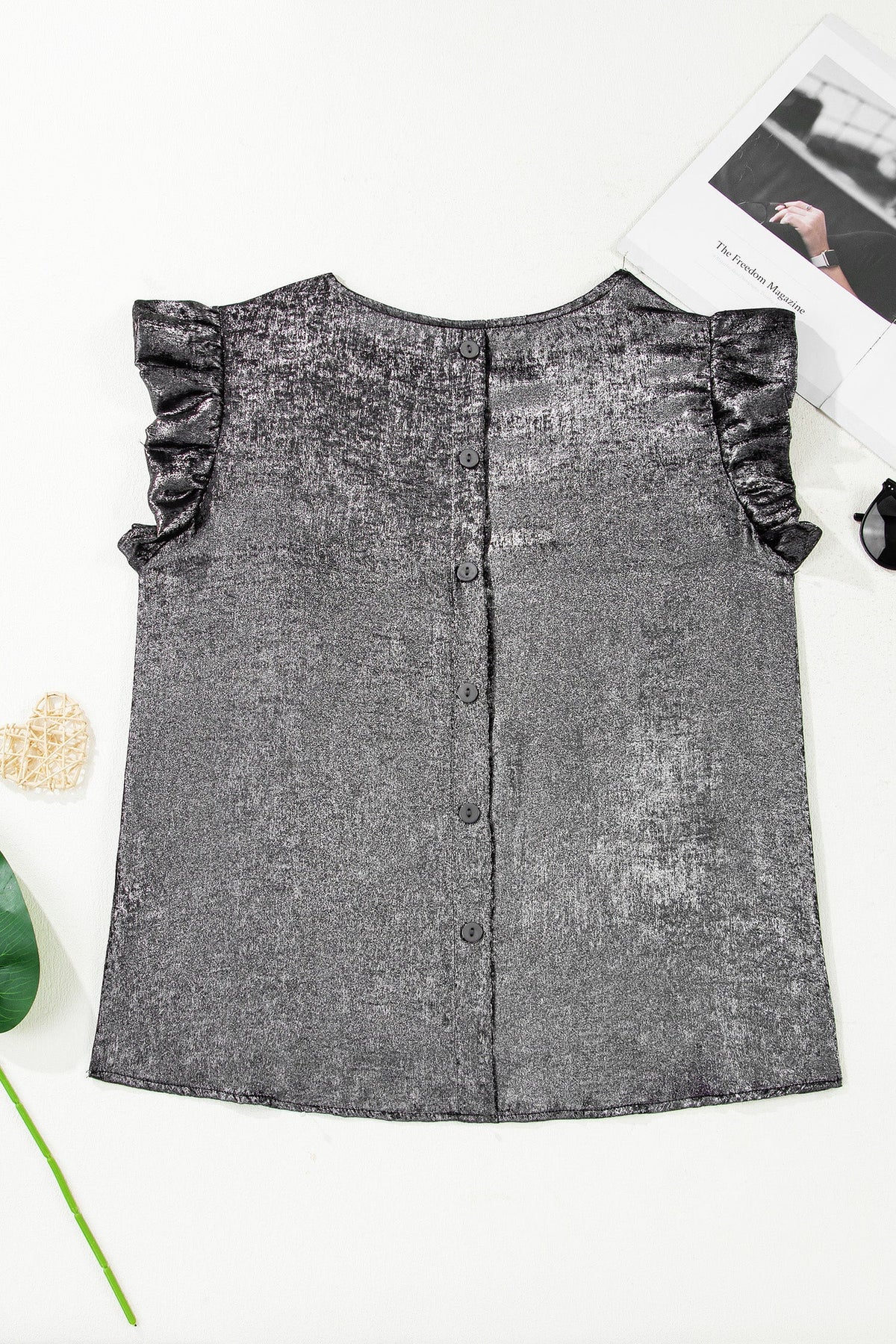 Metallic Ruffle Trim Sleeveless Round Neck Top