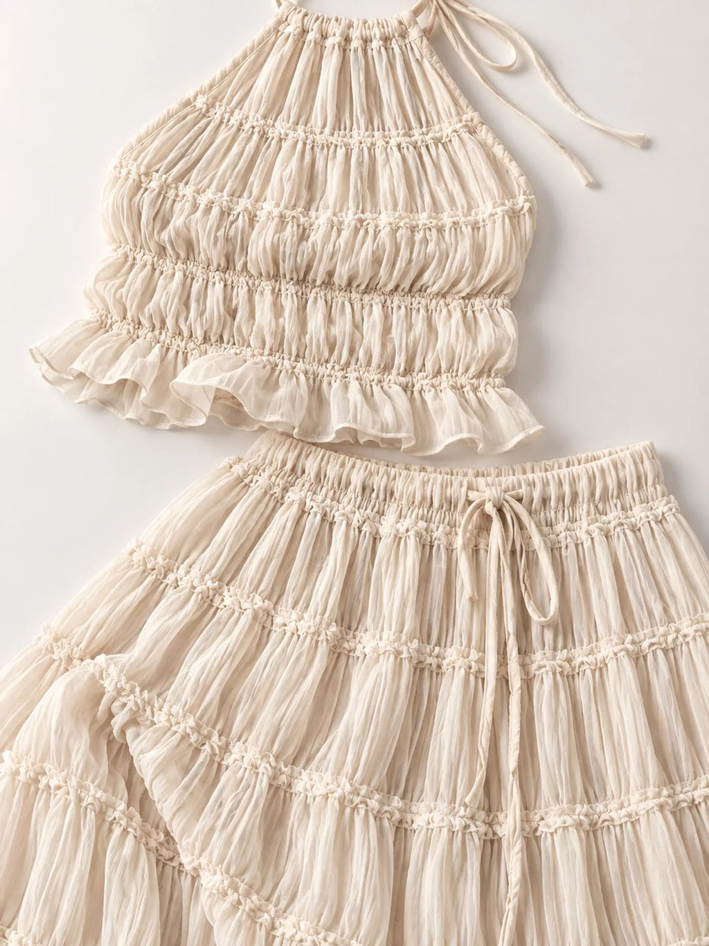 Boho Chic Ruffled Halter Crop Top and Maxi Skirt Set