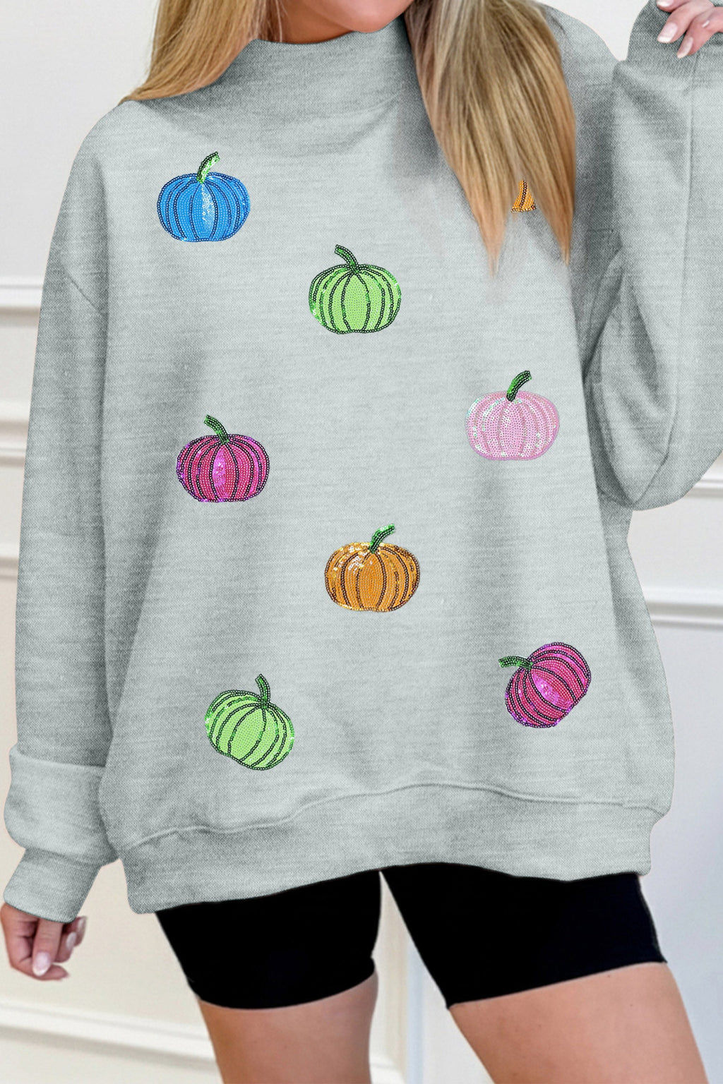 Gray Sequin Pumpkin Patch Mock Neck Baggy Sweatshirt