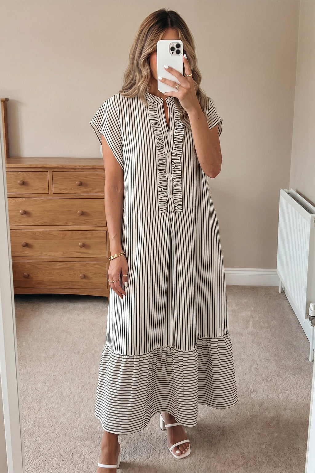 Black Stripe Frilled Detail Half Buttons Short Sleeve Long Dress