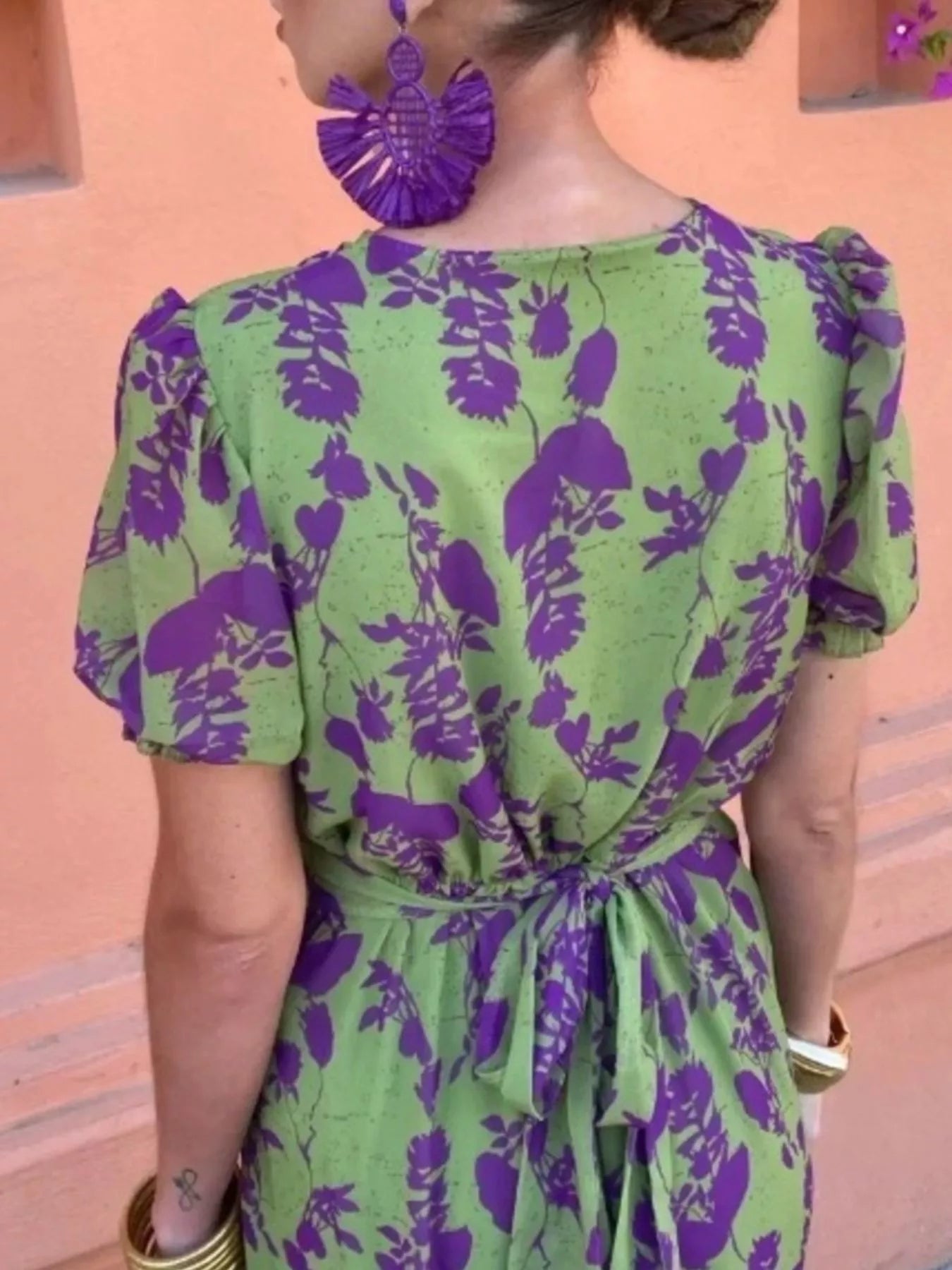 Full Size V-Neck Puff Sleeve Floral Print Dress Plus Size