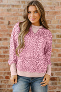 Pink Leopard Print Patchwork Crew Neck Sweatshirt