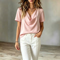 Womens V-neck Short-sleeve Loose-fit T-shirt Top