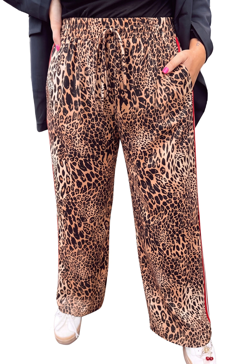 Khaki Leopard Print Colorblock Side Stripes Wide Leg Full Length Plus Size Pants