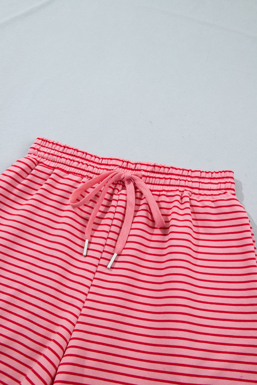 Blue Stripe Ribbed Patchwork Mock Neck Baggy Pullover Matching Shorts Set