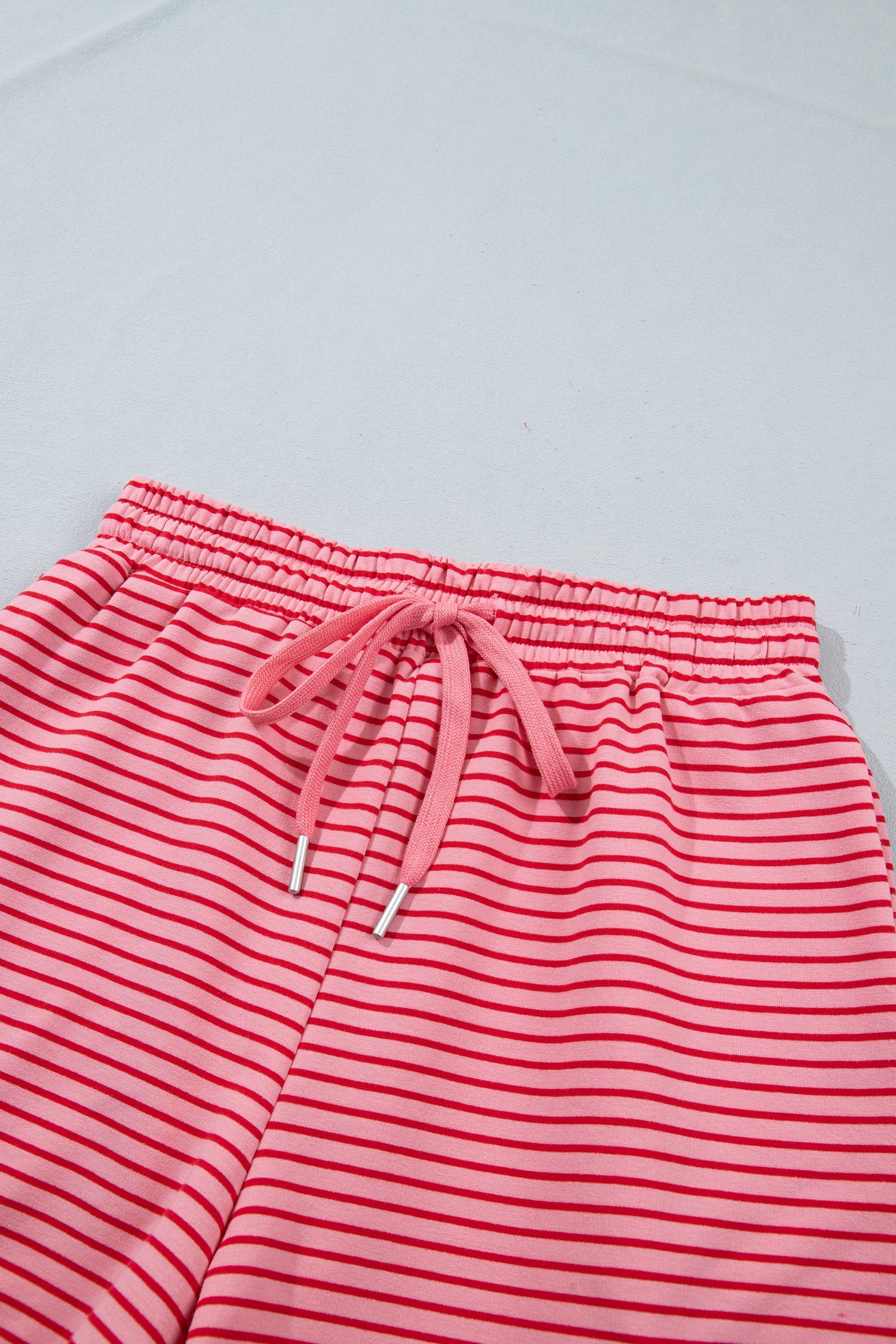 Blue Stripe Ribbed Patchwork Mock Neck Baggy Pullover Matching Shorts Set