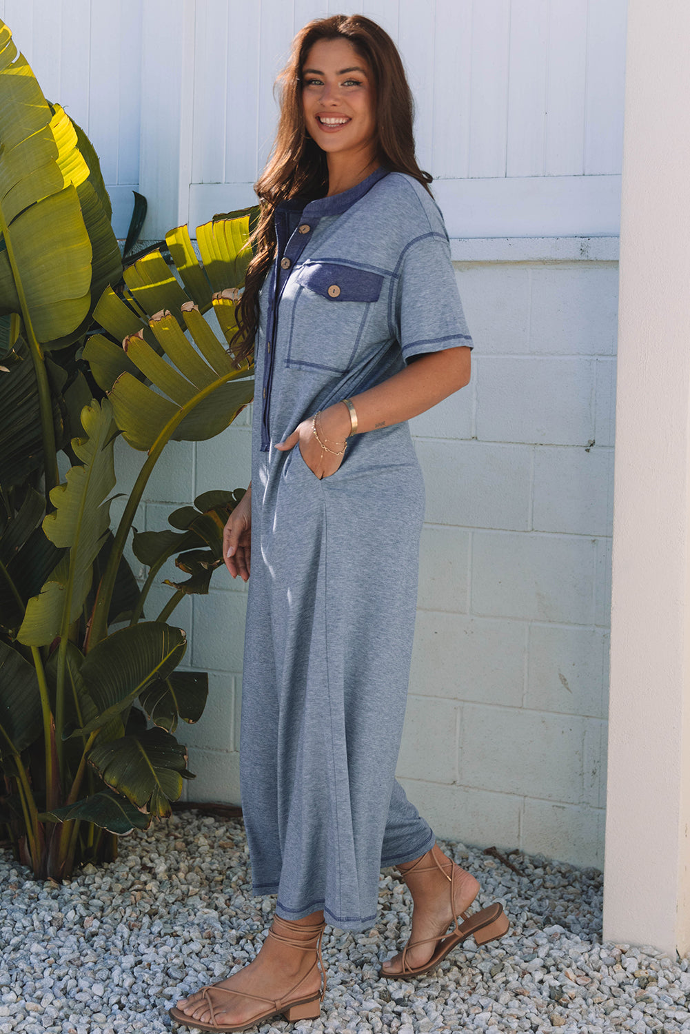 Half Placket Chest Pockets Wide Leg Jumpsuit