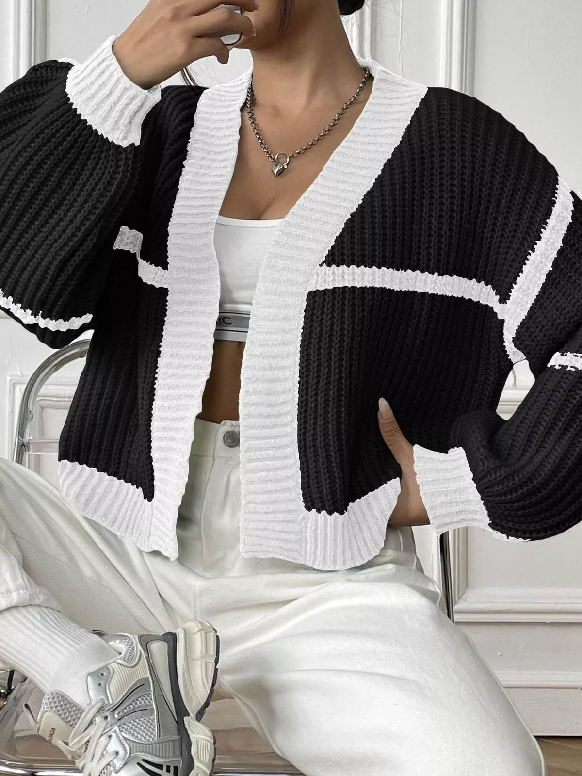 Color-Block Ribbed Knit Open-Front Cropped Cardigan
