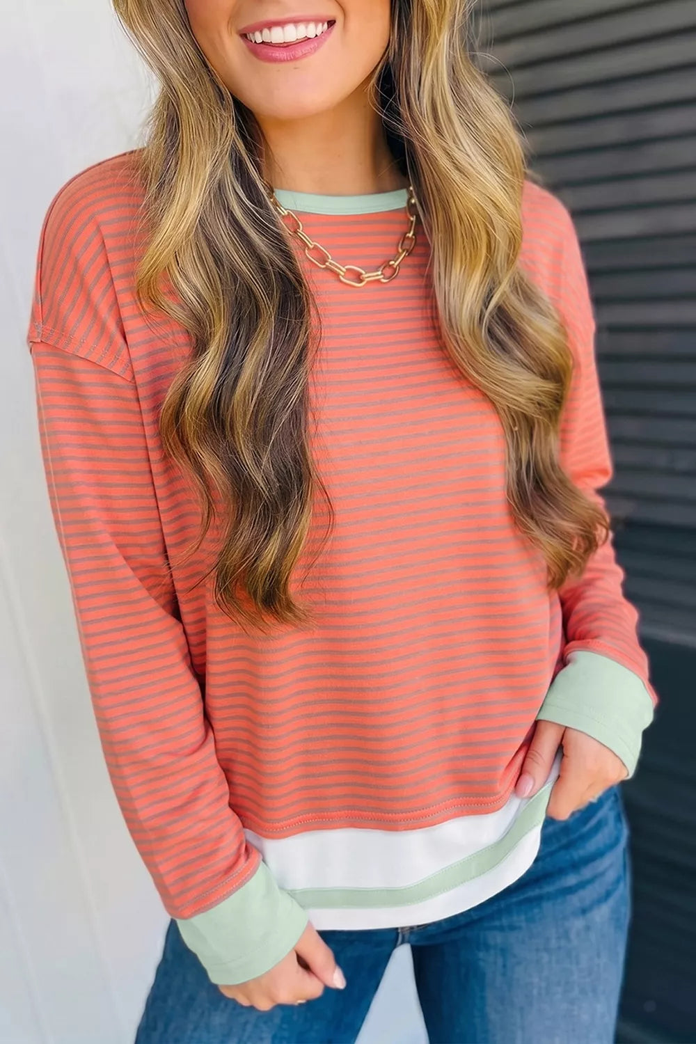 Stripe Colorblock Detail Raw Seam Long Sleeve Tunic Top