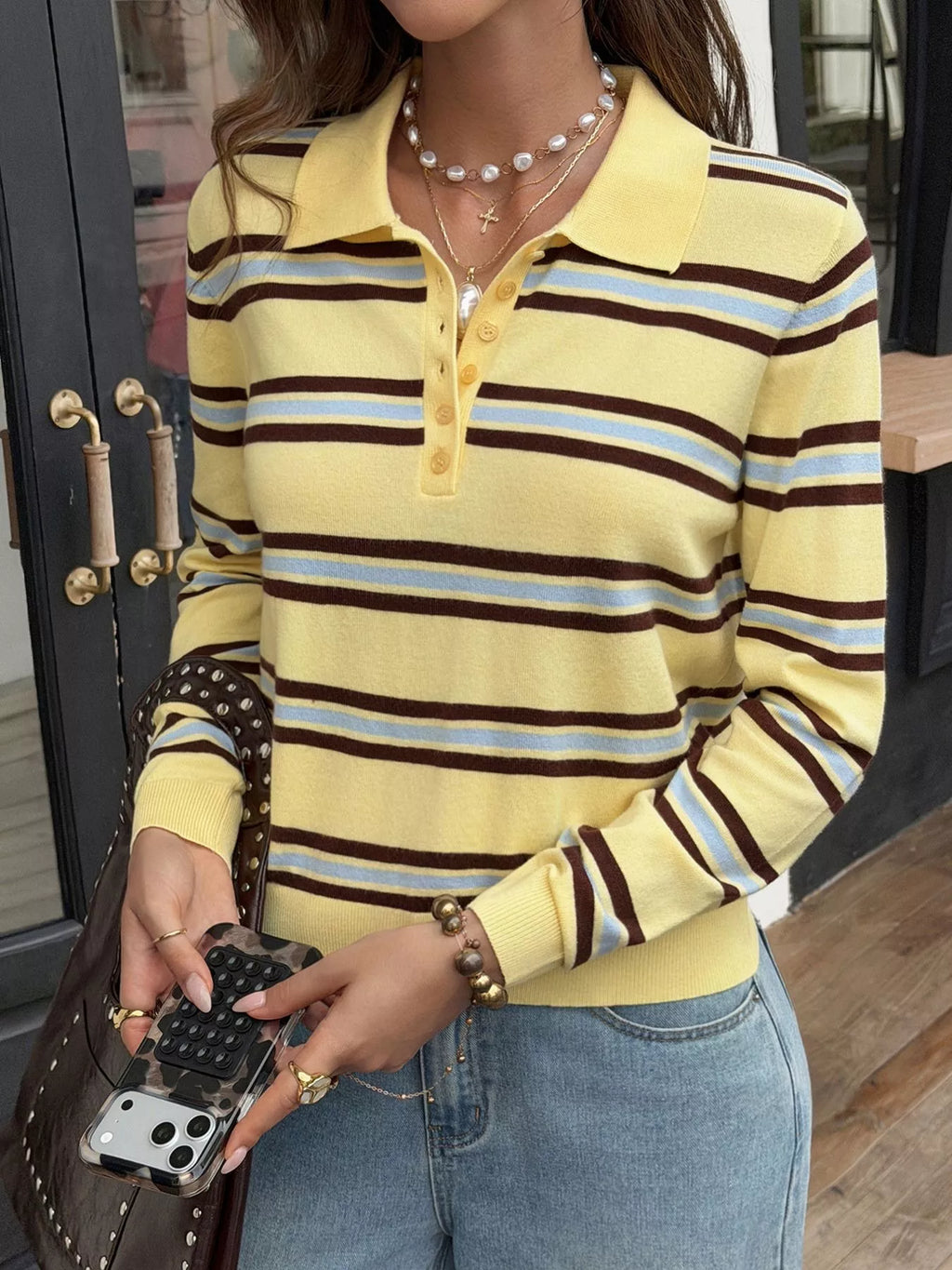 Striped Polo Collar Knit Top