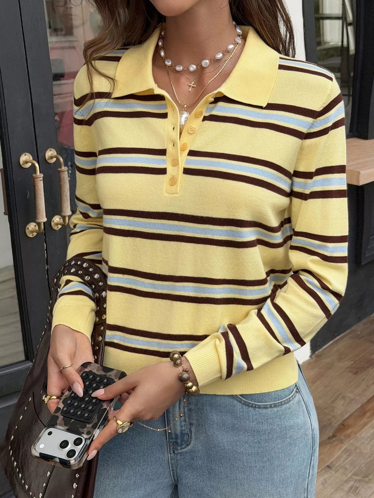 Striped Polo Collar Knit Top