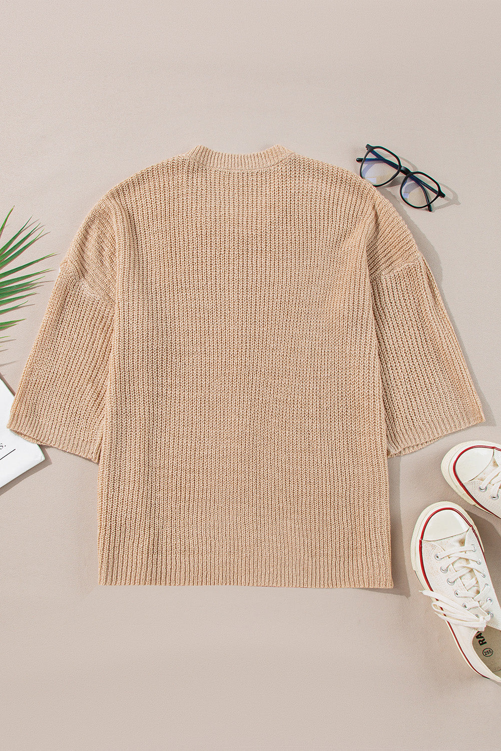 Contrast Stripe 3/4 Sleeve Crew Neck Sweater
