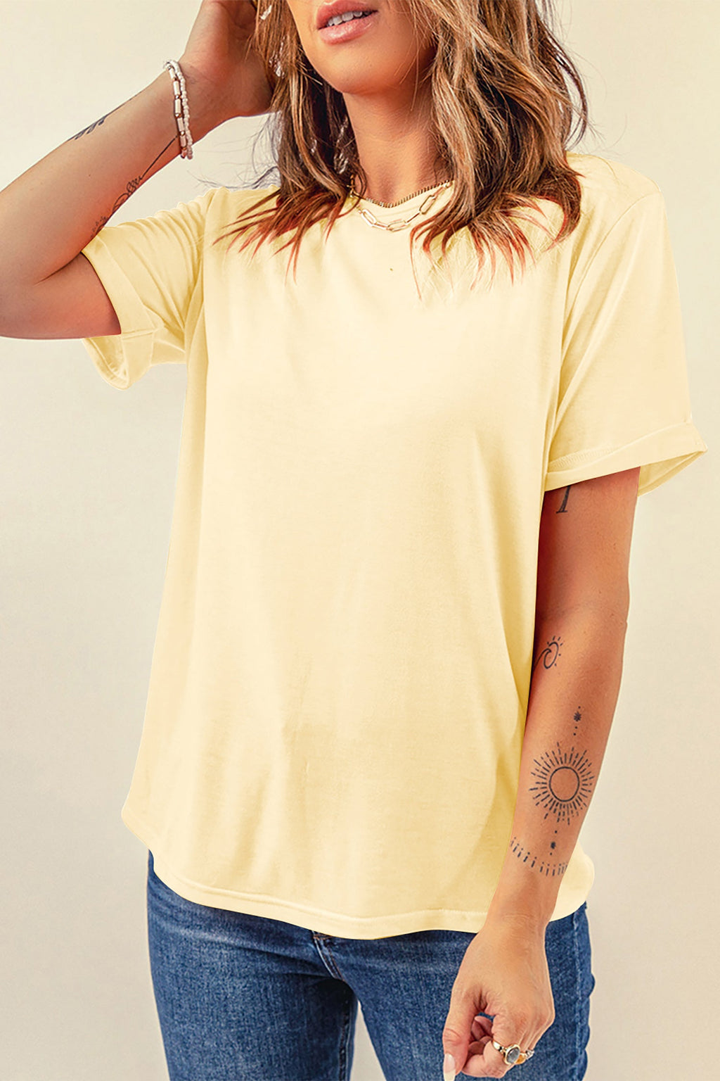 Yellow Cream Casual Plain Crew Neck Tee
