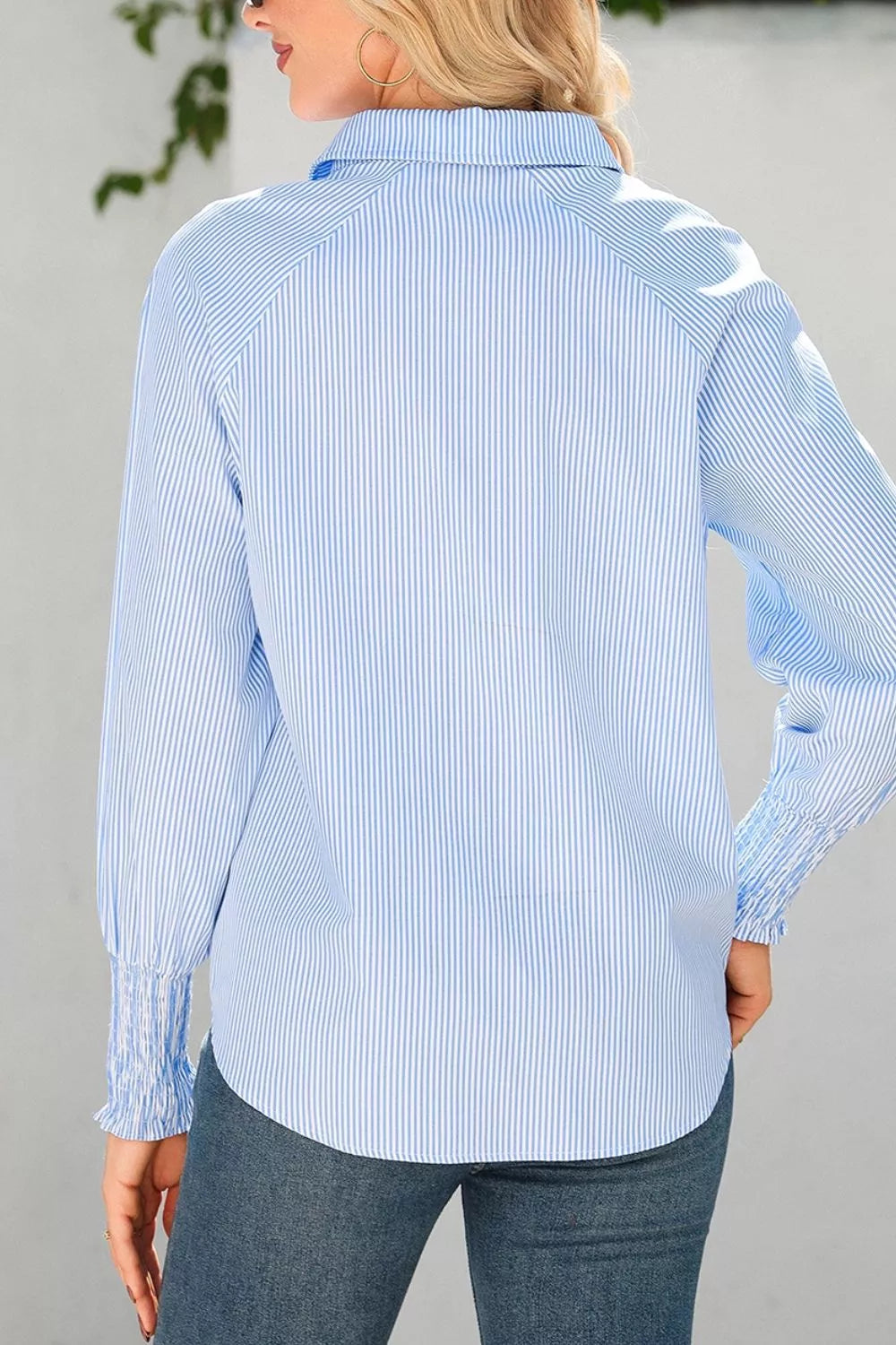 Striped Smocked Sleeve Collared Neck Blouse