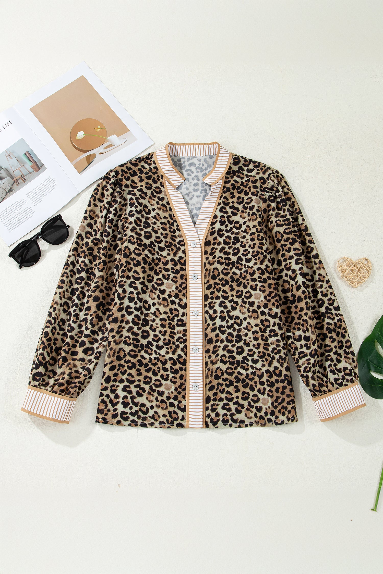 Khaki Contrast Striped Trim V Neck Leopard Shirt
