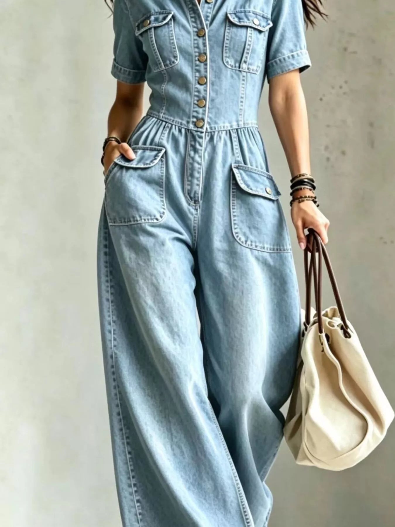 Full Size Denim Wide-Leg Jumpsuit with Chest Pockets Plus Size