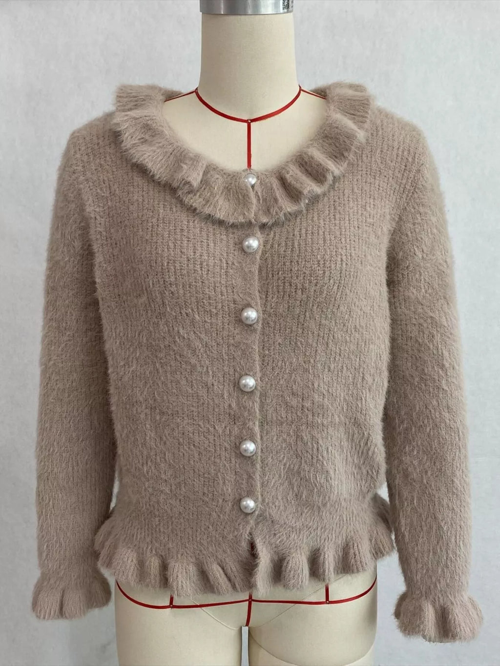 Soft Fuzzy Cardigan with Ruffled Collar and Pearl Buttons
