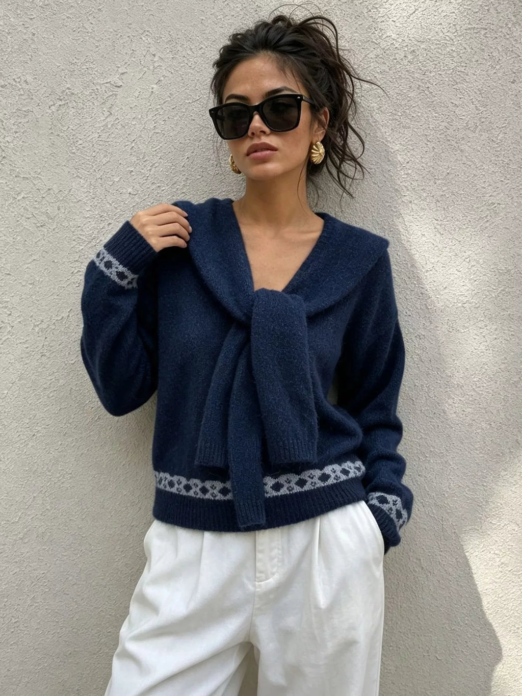 Scarf Detail Dropped Shoulder Sweater