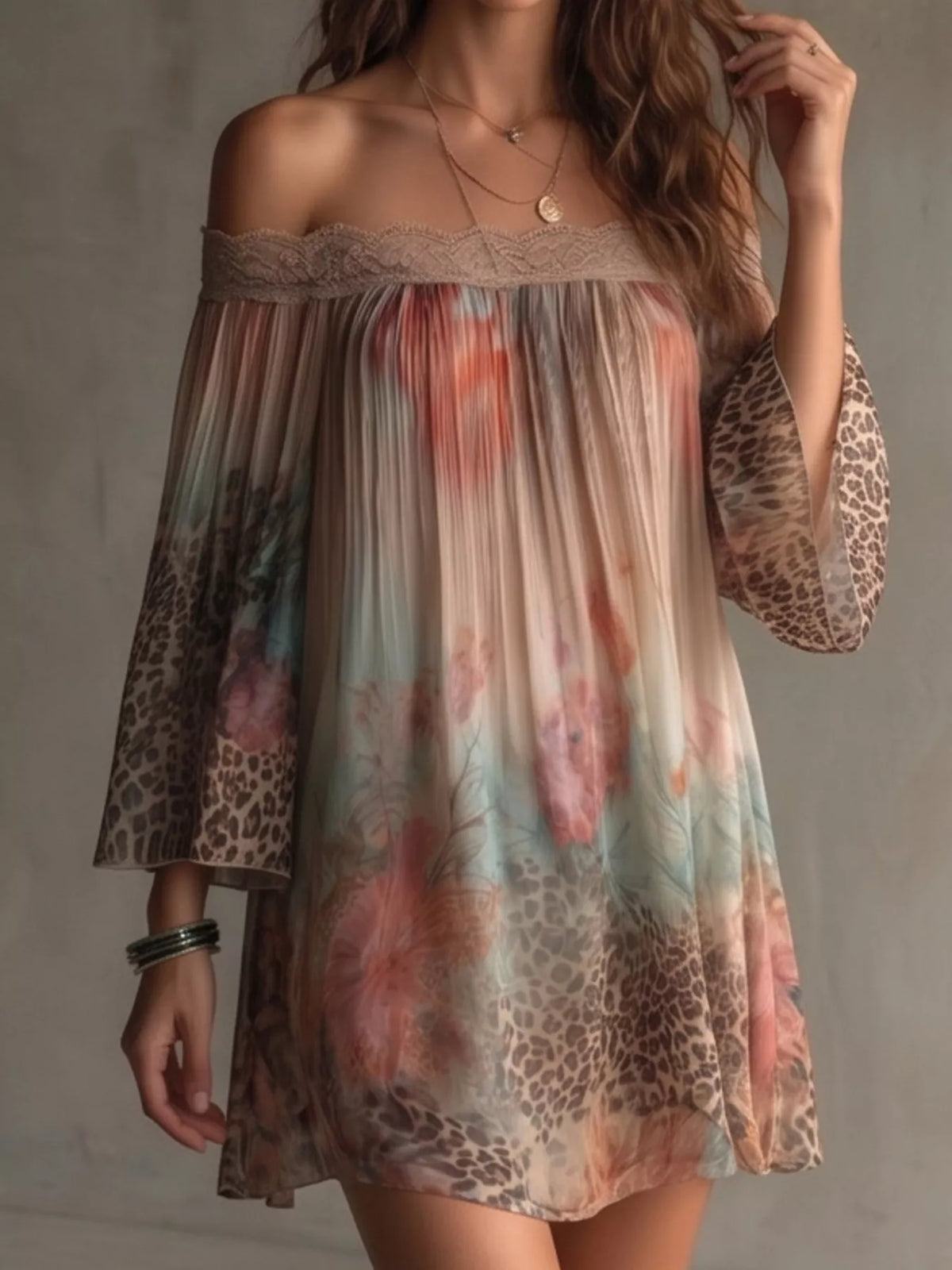 Off-Shoulder Lace-Trimmed Floral and Leopard Print Mini Dress