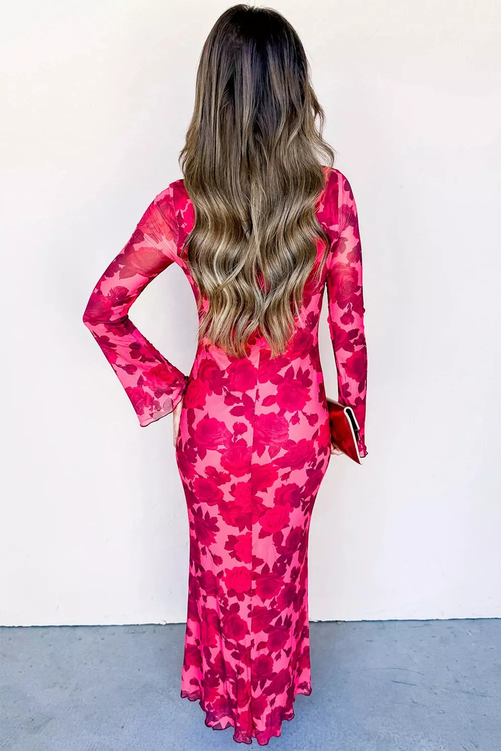 Floral Print Cuff Hem Serging Long Sleeve Sheath Dress