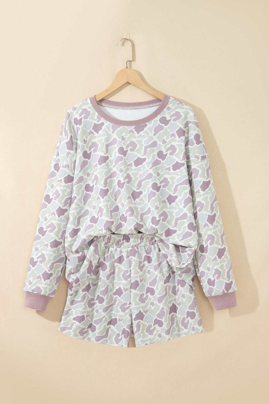 Green Camouflage Waffle Knit Long Sleeve Top Casual Shorts Set