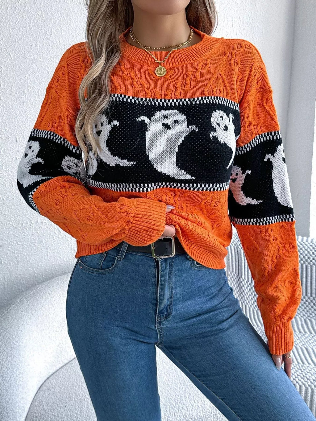 Halloween Ghost Pattern Textured Sweater