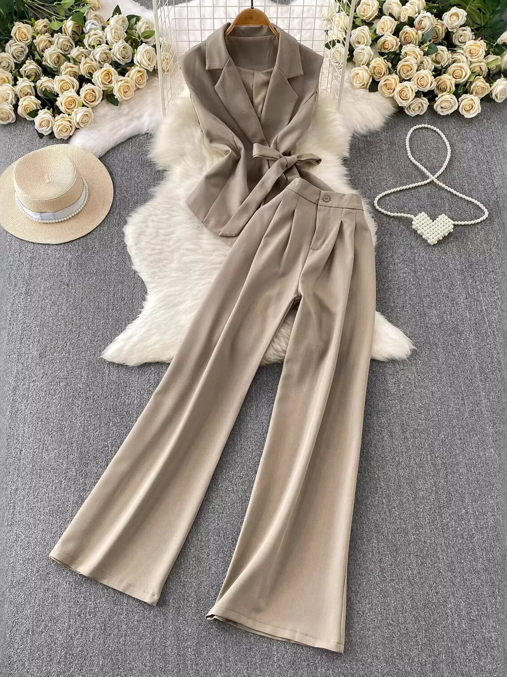 Sleeveless Blazer and Wide-Leg Pants Set