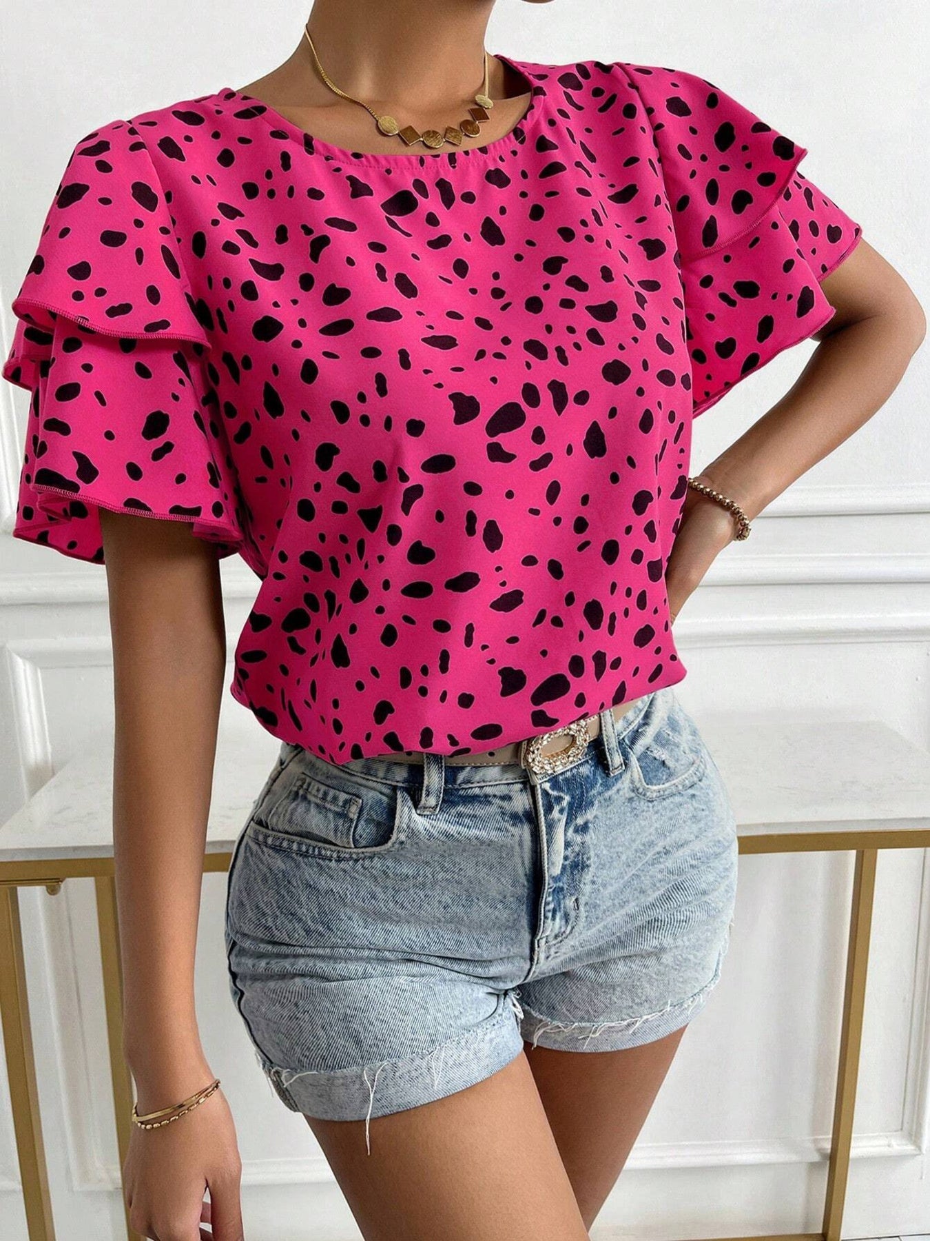 Animal Print Ruffle Sleeve Blouse