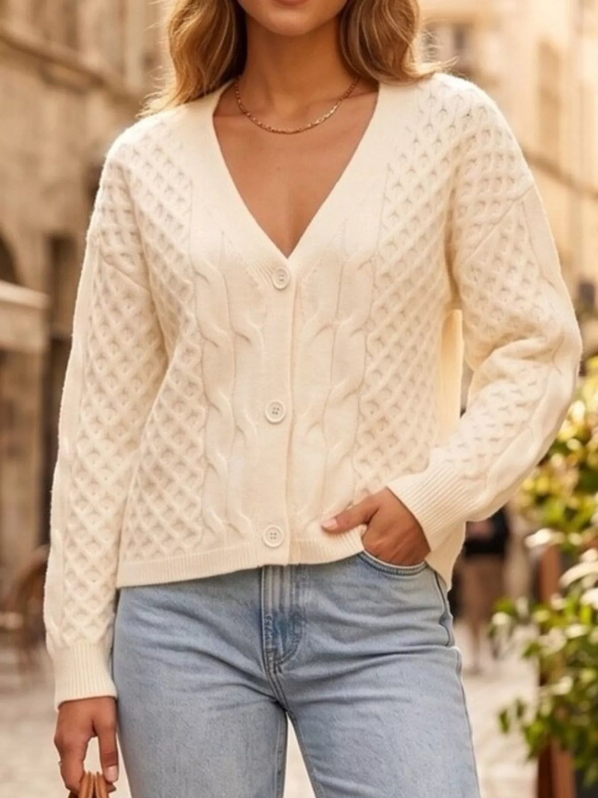 Cable-Knit V-Neck Button-Down Cardigan