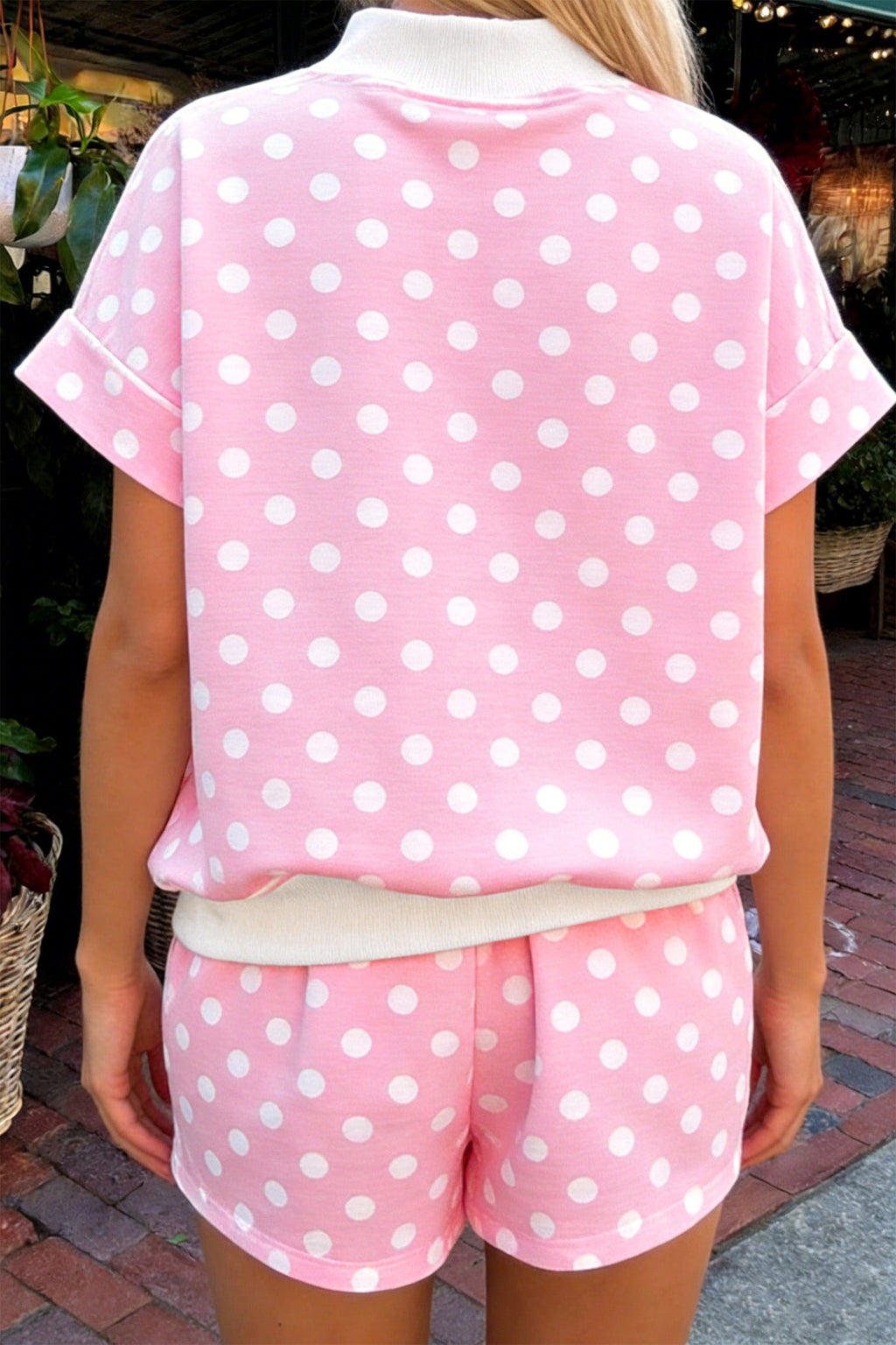 Pink Polka Dot Print Color Block Trim Mock Neck Short Set
