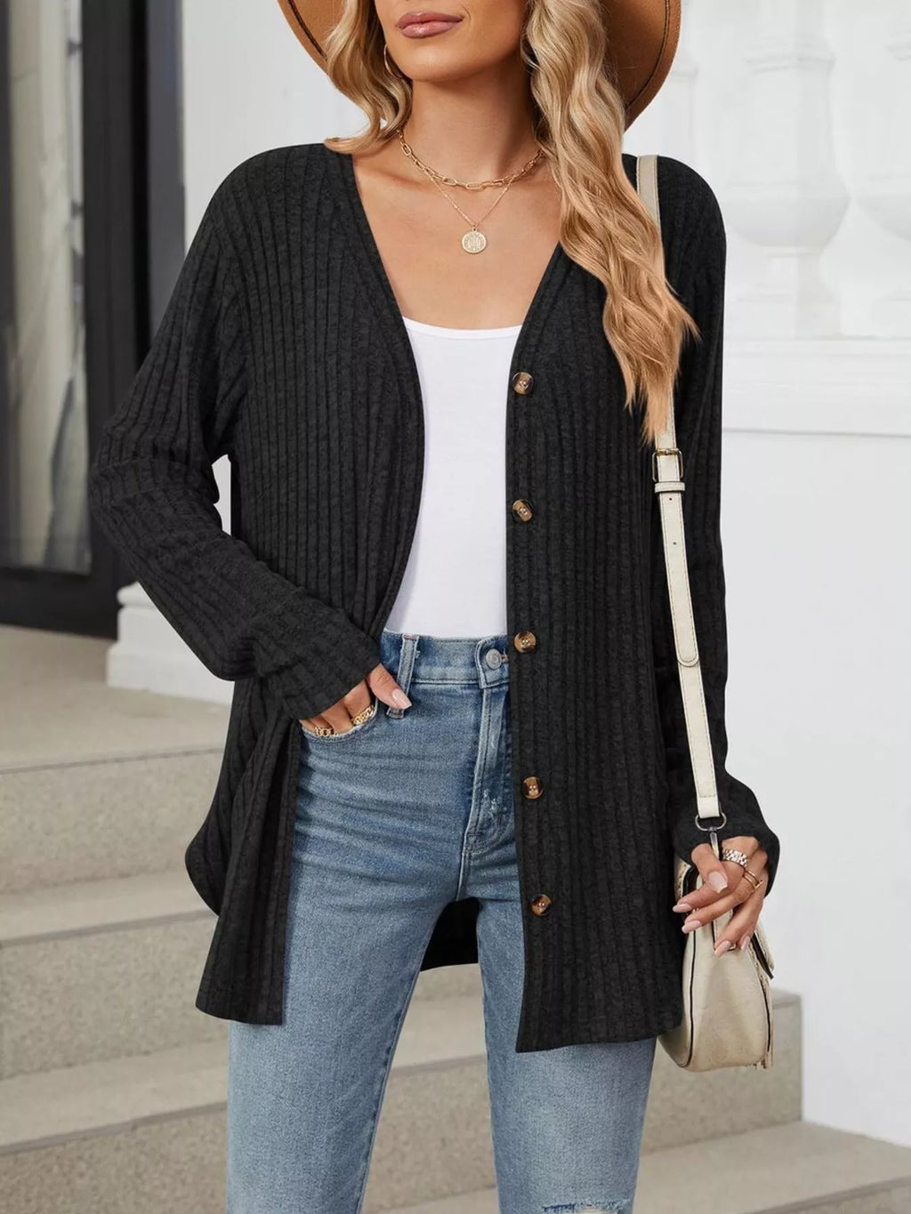 Ribbed Button-Up Cardigan