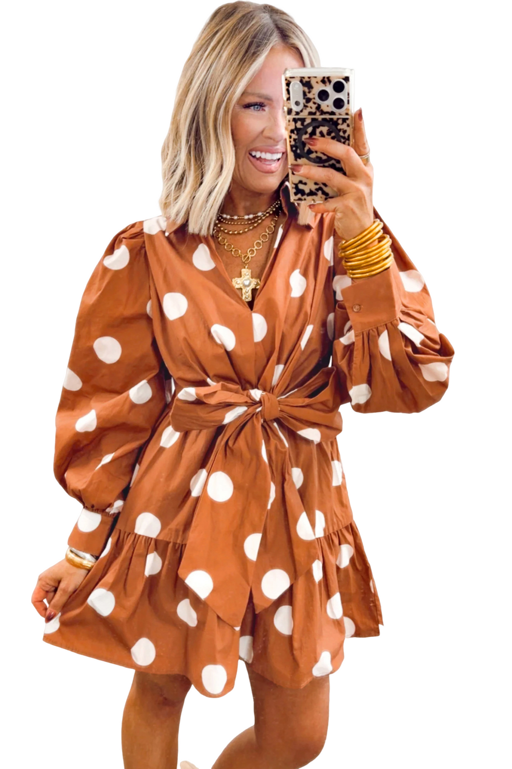 Brown Polka Dot Long Sleeve Tie Waist Casual Shift Mini Dress