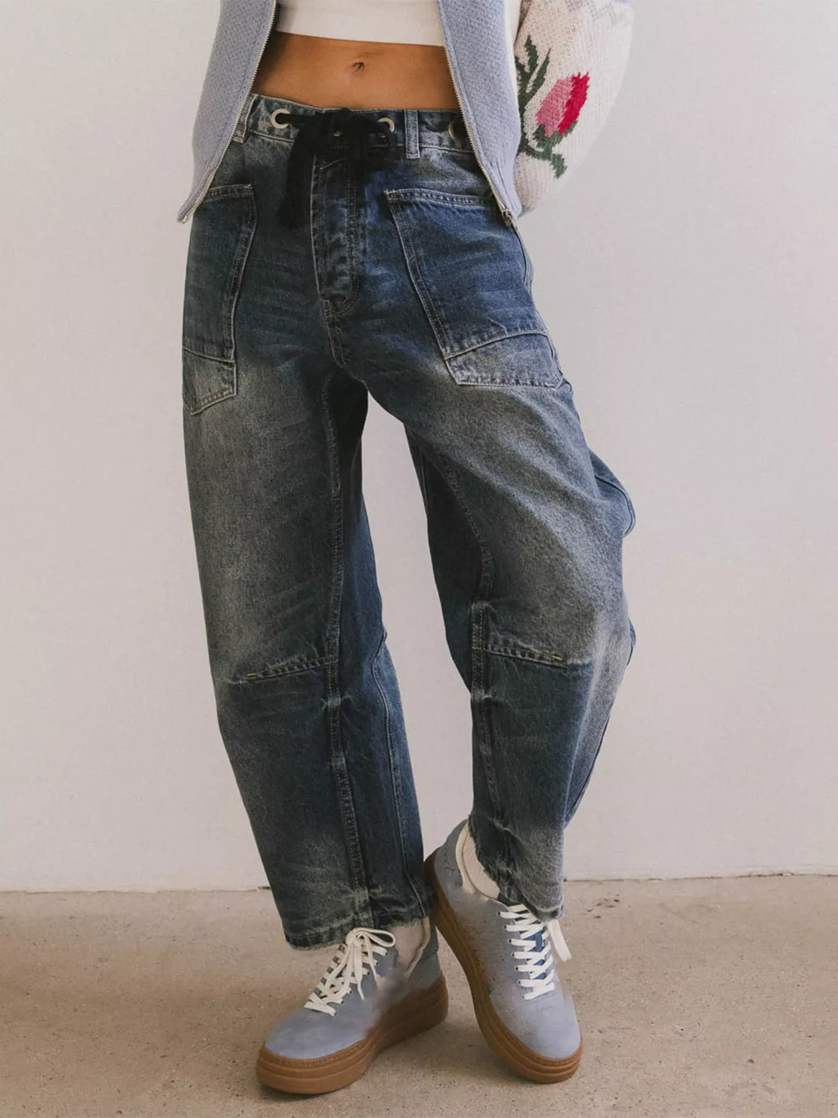 Drawstring Wide Leg Cropped Jeans