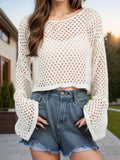 Openwork Round Neck Long Sleeve Cropped Crochet Cover-Up