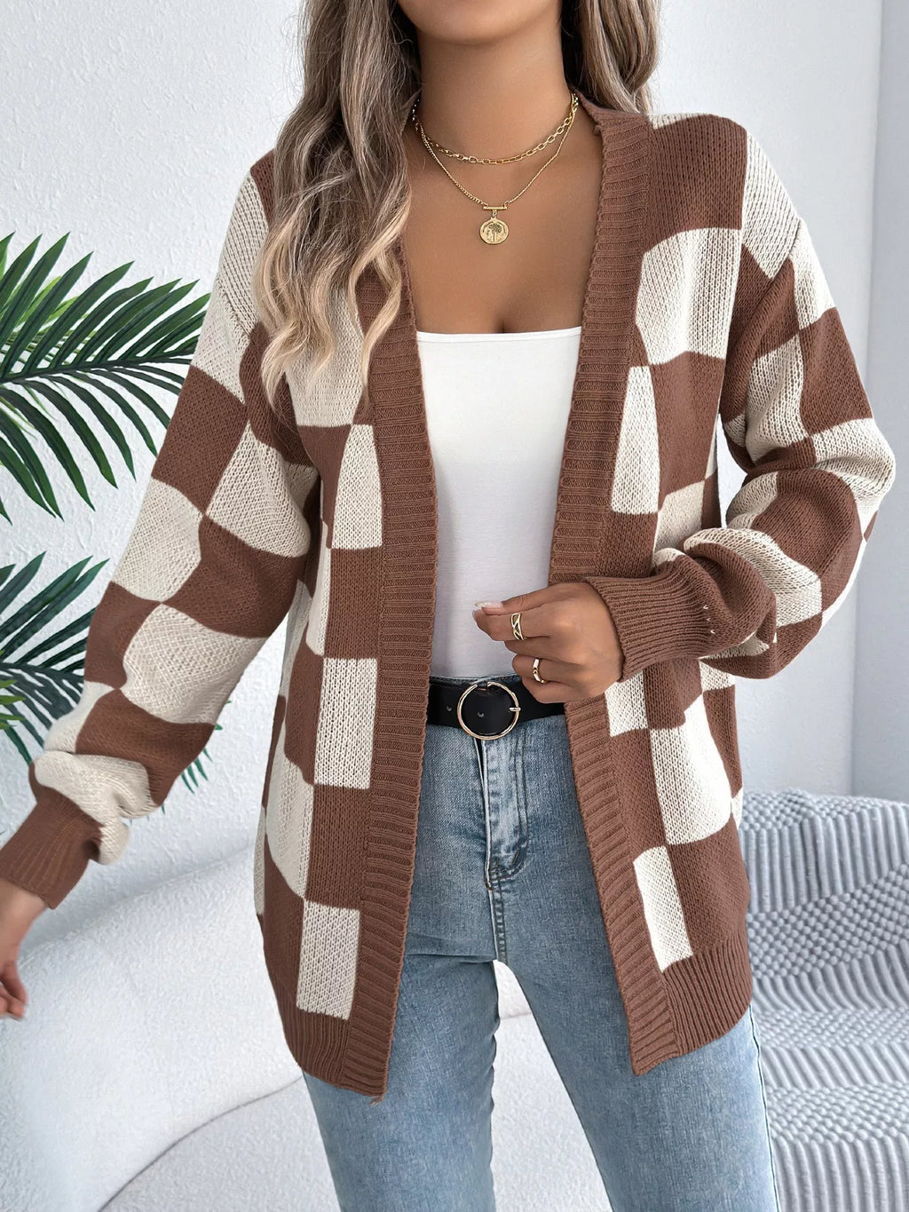 Oversized Checkered Open-Front Knit Cardigan