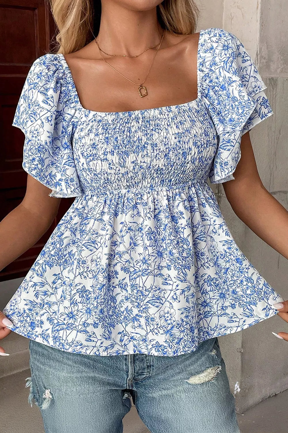Floral Print Square Neck Ruffled Sleeve Shirred Babydoll Blouse