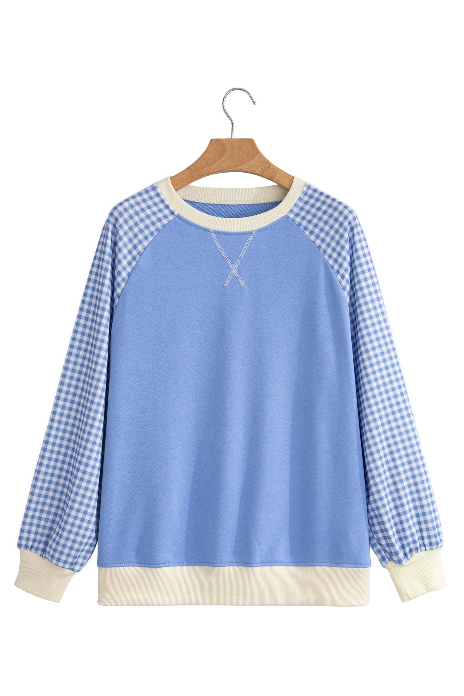 Beige Plaid Sleeve Colorblock Raglan Pullover Sweatshirt
