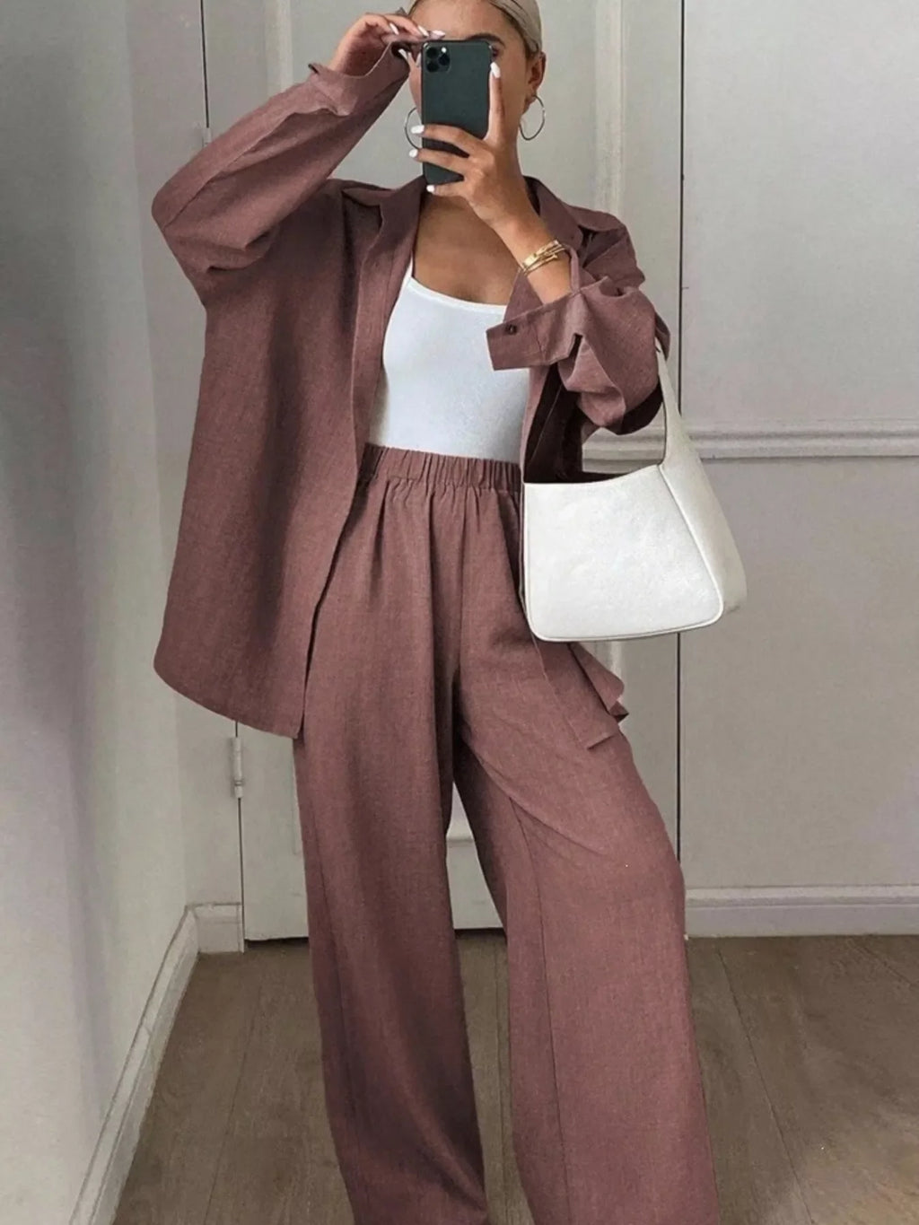 Button-Down Shirt and Wide-Leg Pants Set
