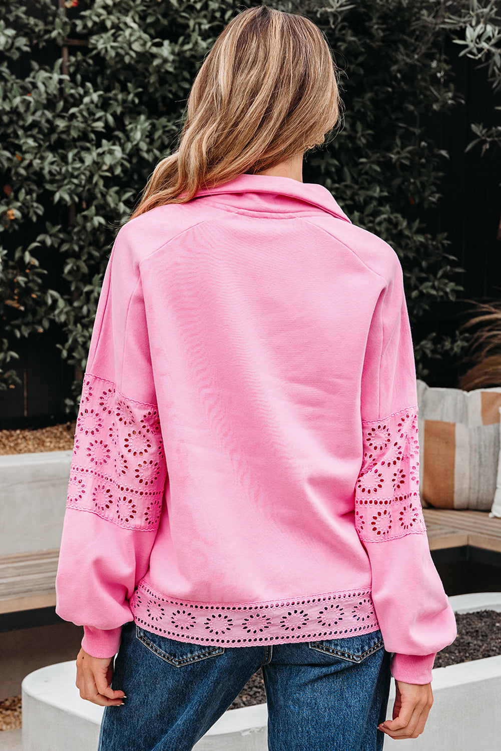 Bonbon Embroidered Flower Patchwork Snap Buttons Pullover Sweatshirt