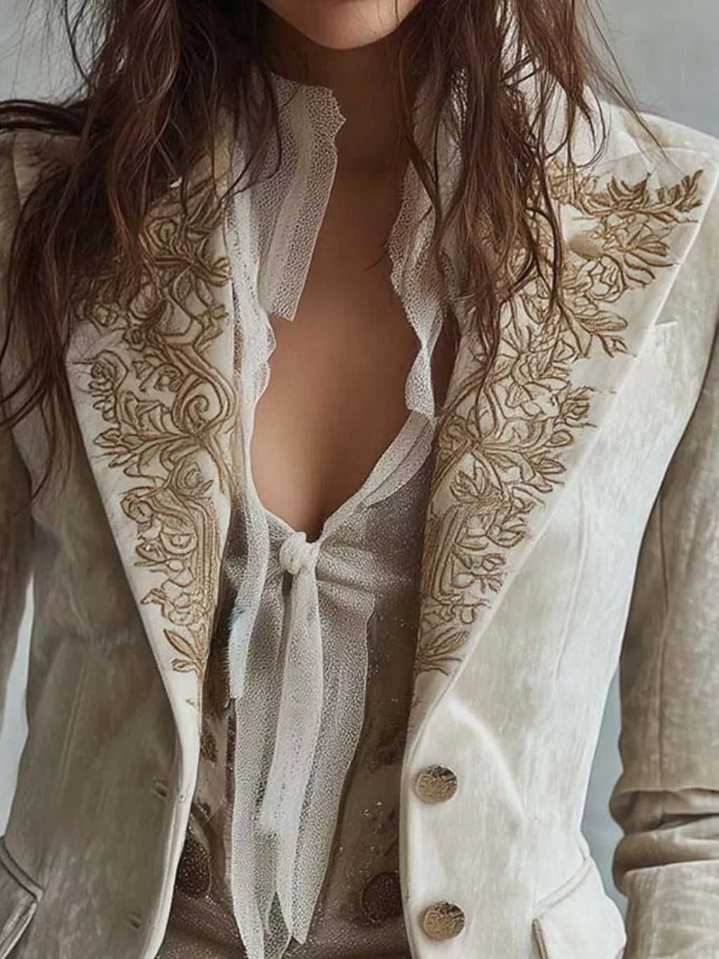 Embroidered Velvet Long Sleeve Blazer