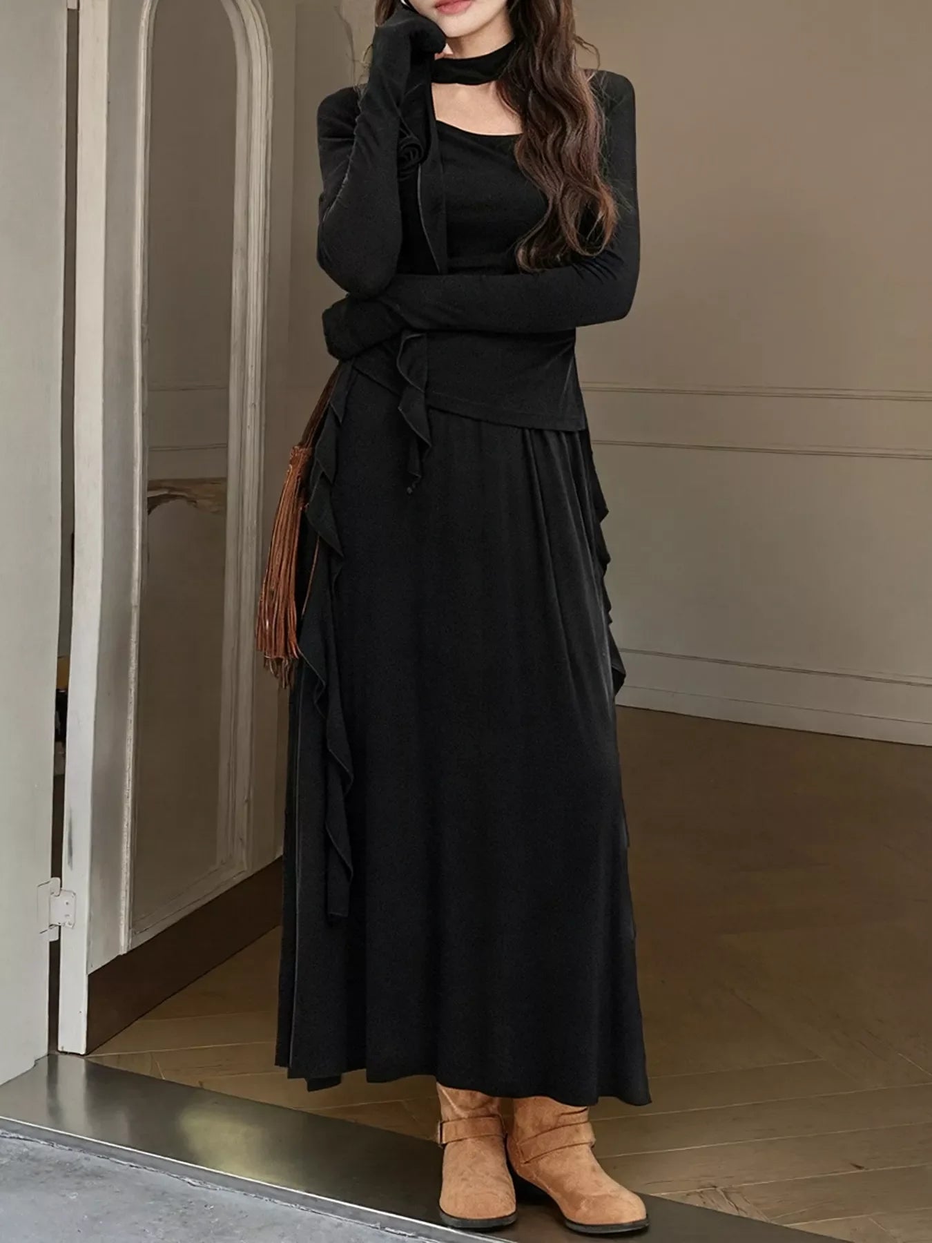 Ruffled Long Sleeve Knit Top and Maxi Skirt Set