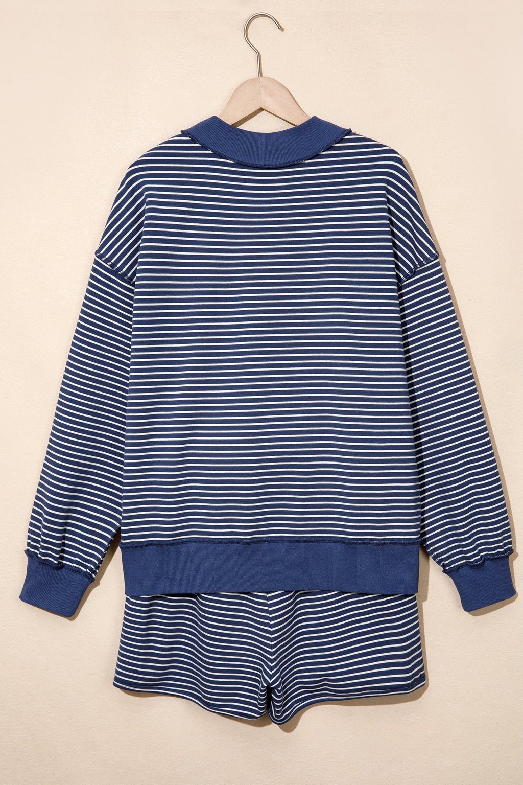 Blue Stripe Ribbed Patchwork Mock Neck Baggy Pullover Matching Shorts Set