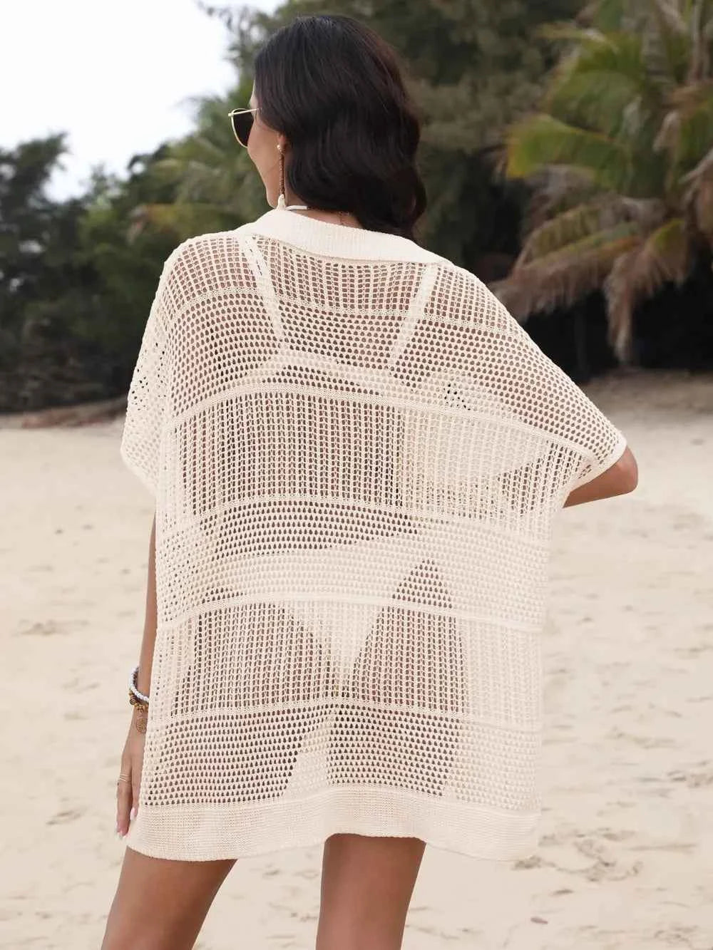 Hollow Out Collared Neck Openwork Sheer Cover-Up