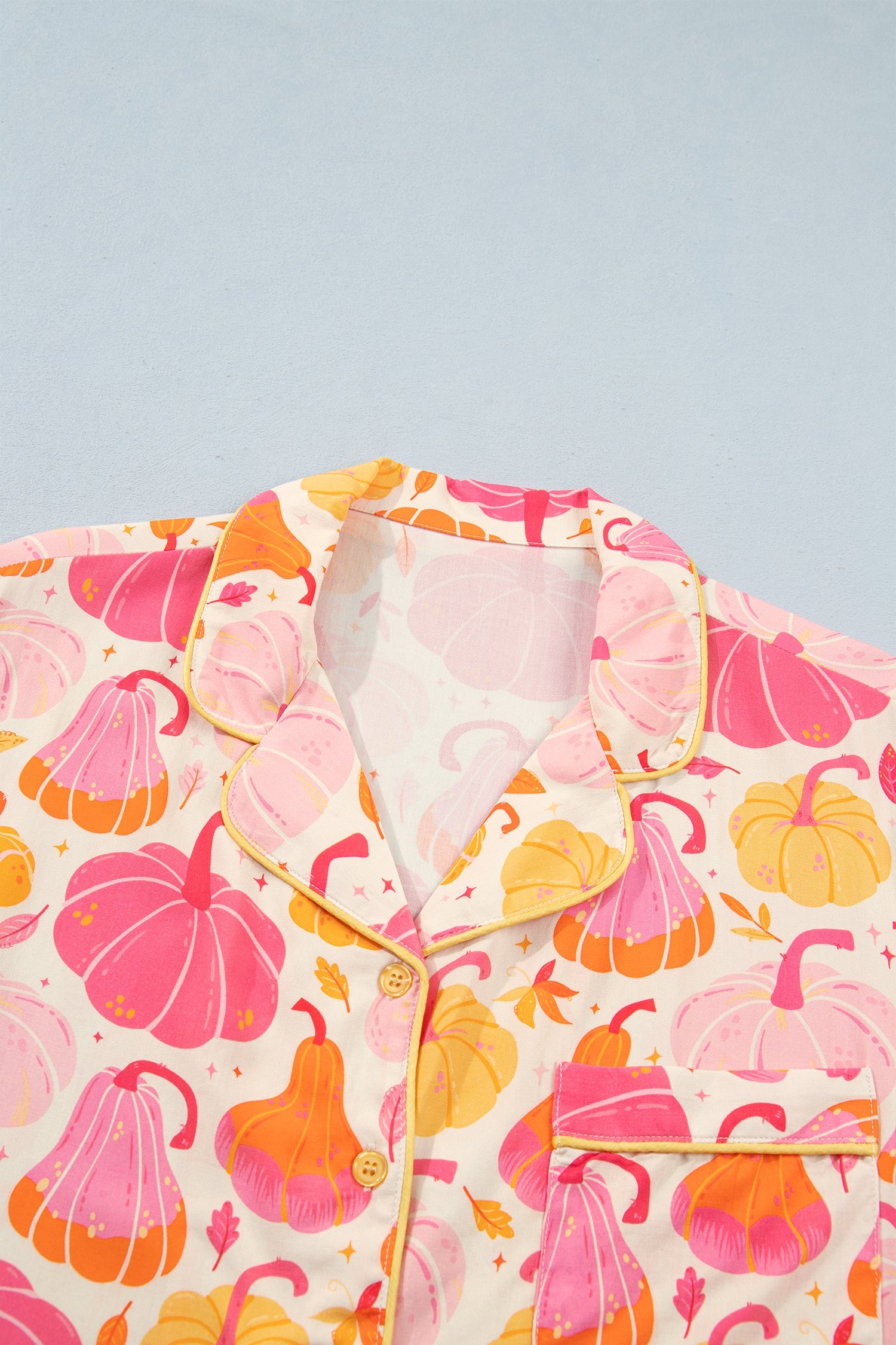 Pink Short Sleeve Pumpkin Print Pocket Placket Shell Button Lounge Set