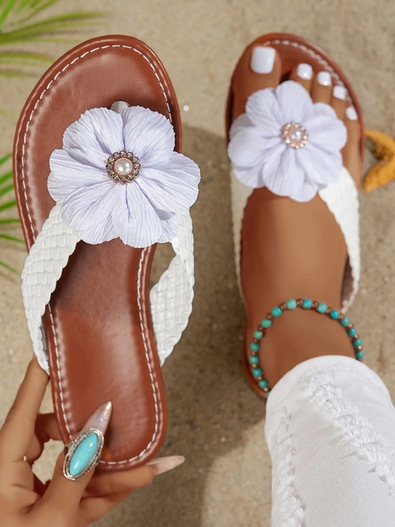 Flower Embellished Toe Post Sandals