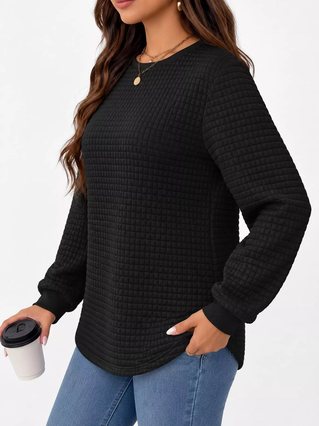 Plus Size Textured Waffle Knit Crew Neck Sweatshirt