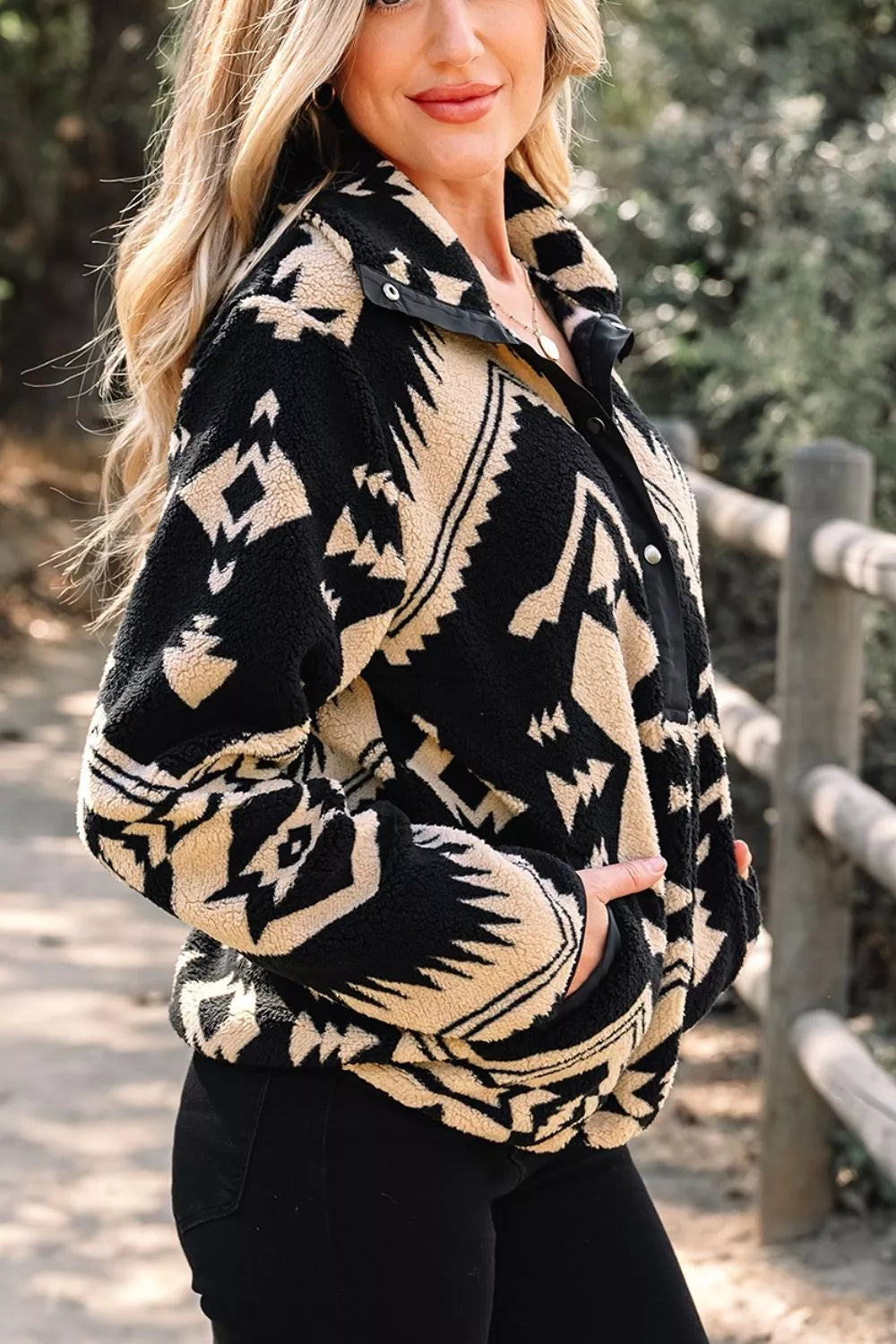 Aztec Print Fleece Snap Down Sweatshirt